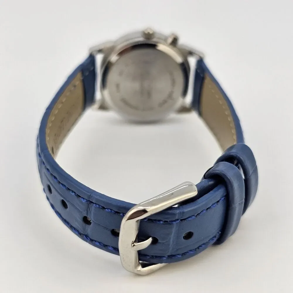 28MM Women Watch White Dial New‎ Blue Leather Bands New Battery READ DESCRIPTION